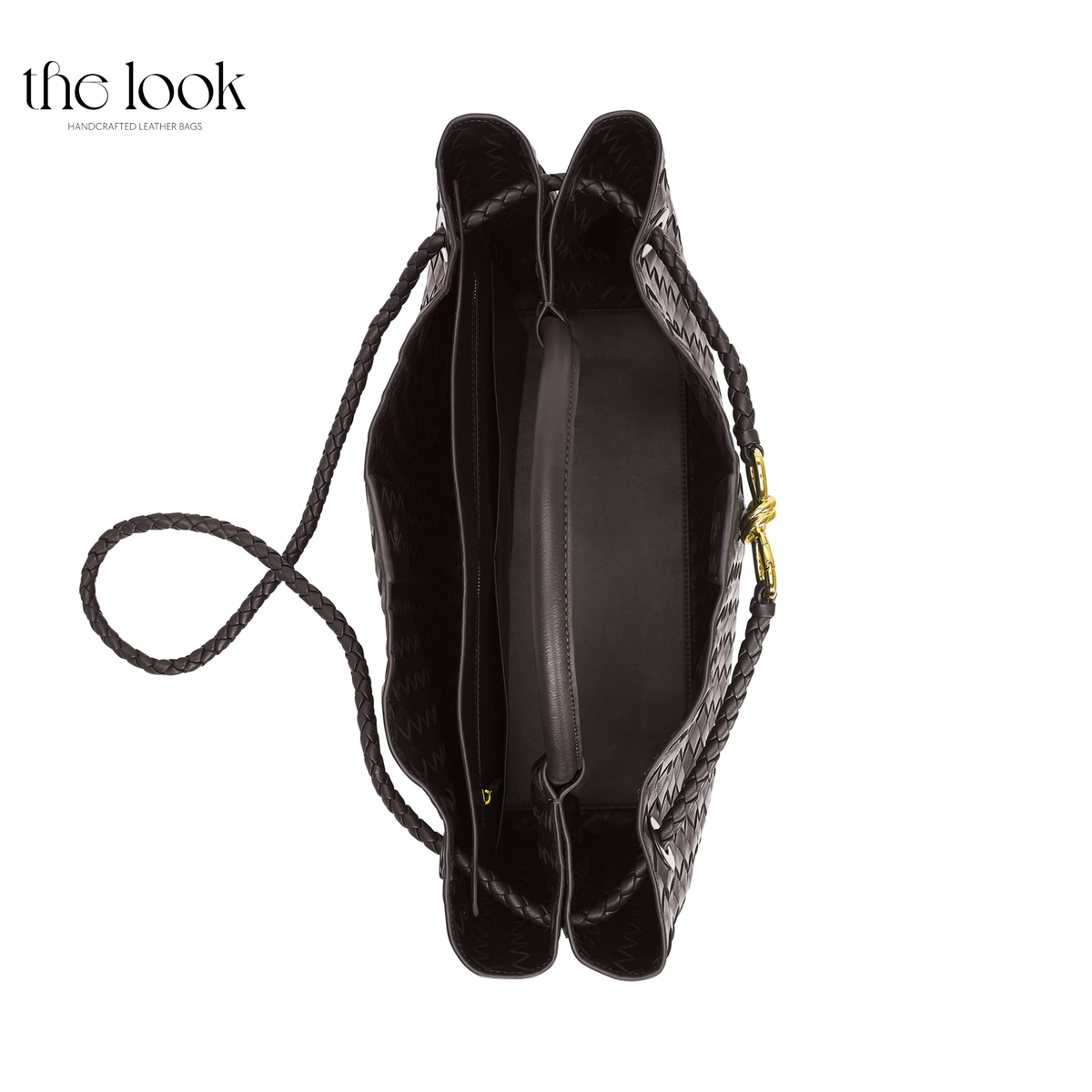 Top view of The Loop Jumbo Satchel in Ebene showing the spacious interior and detachable bag divider with zipper pocket.
