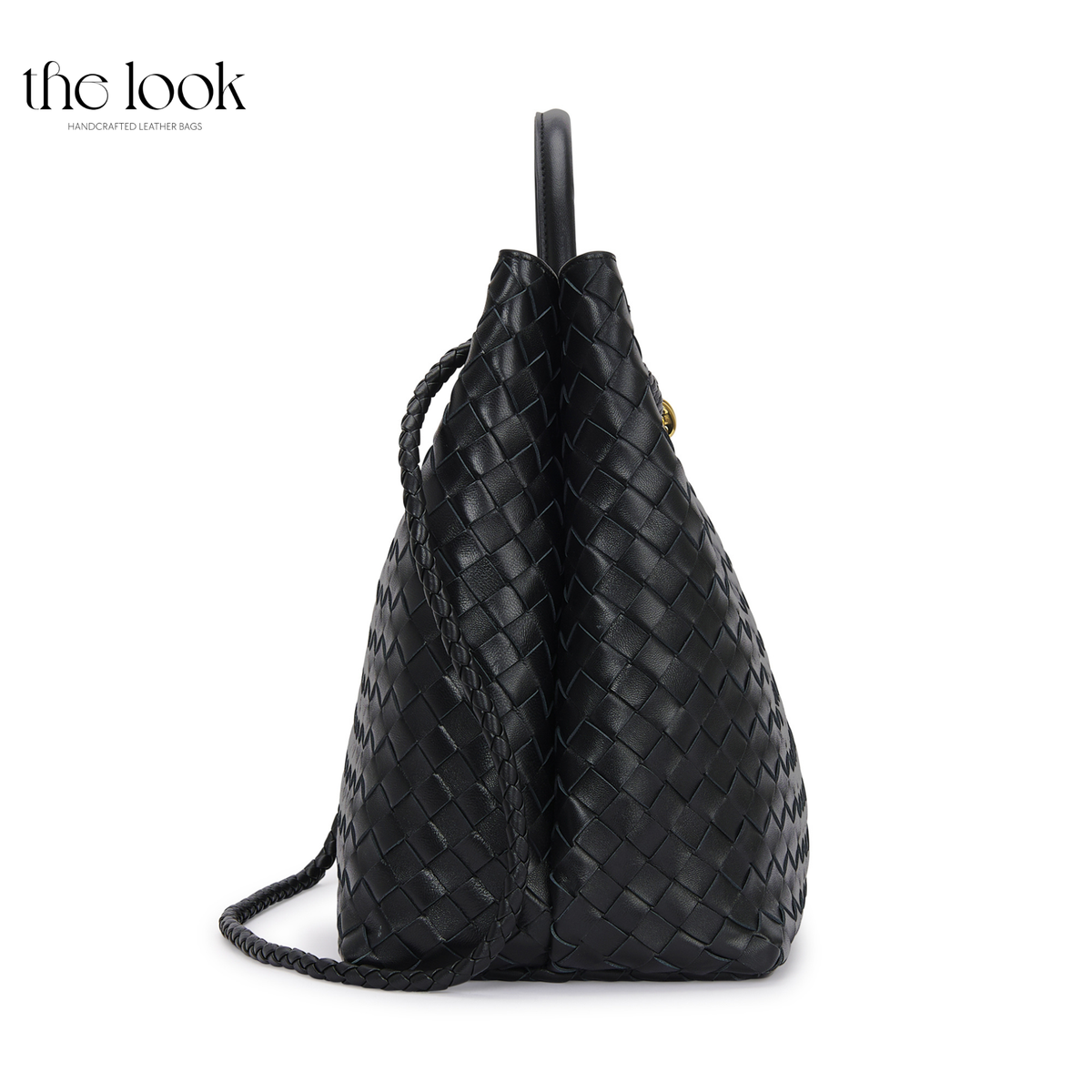 Side view of The Loop Jumbo Satchel in Black woven lambskin leather, showing its 20 cm depth and additional strap.