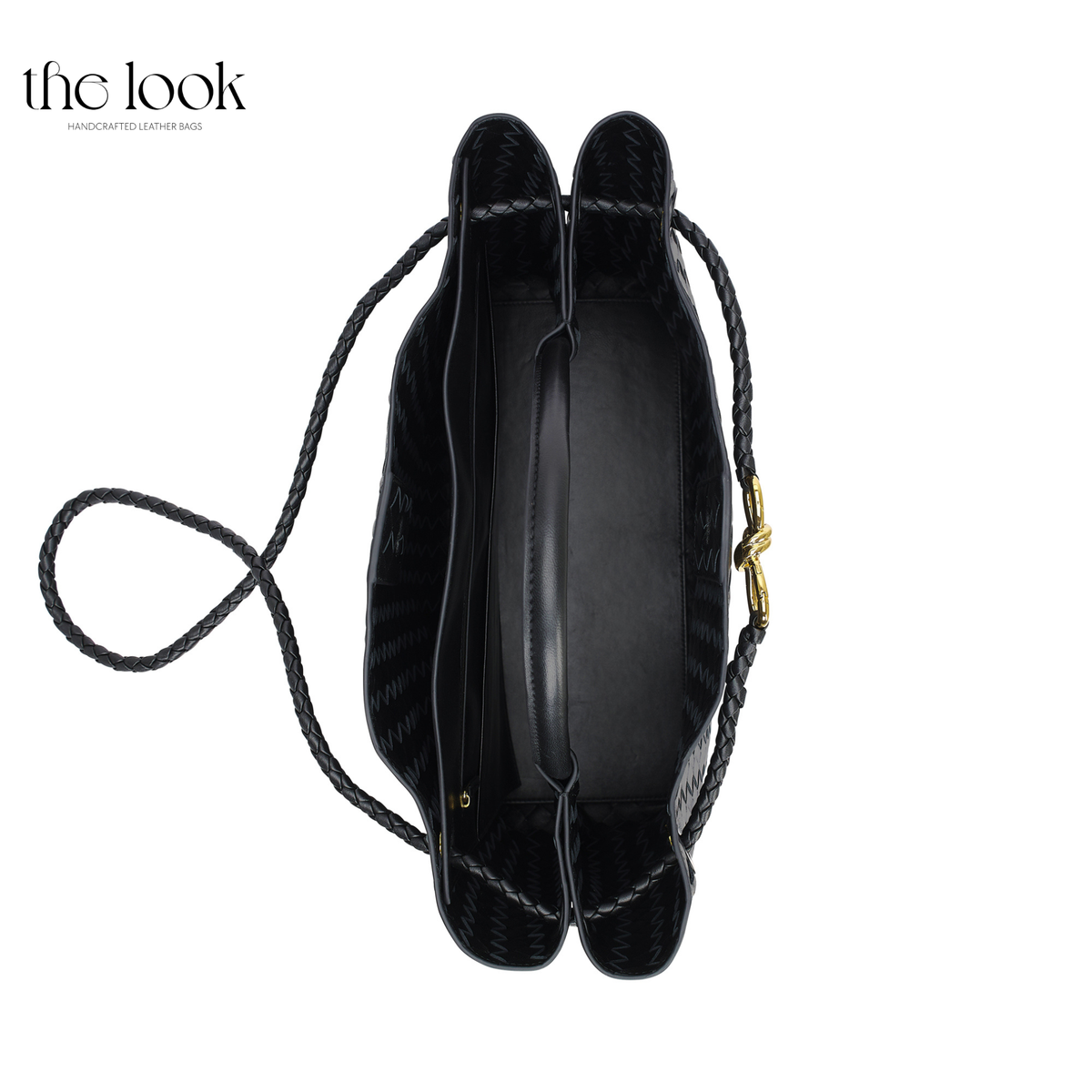 Top view of The Loop Jumbo Satchel in Black showing the spacious interior and detachable bag divider with zipper pocket.