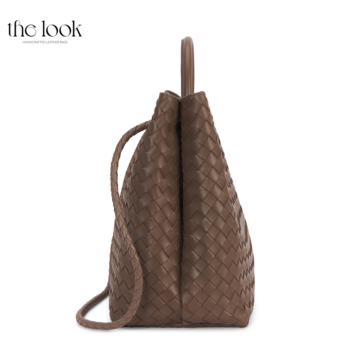 Side view of The Loop Jumbo Satchel in Pinecone woven lambskin leather, showing its 20 cm depth and additional strap.