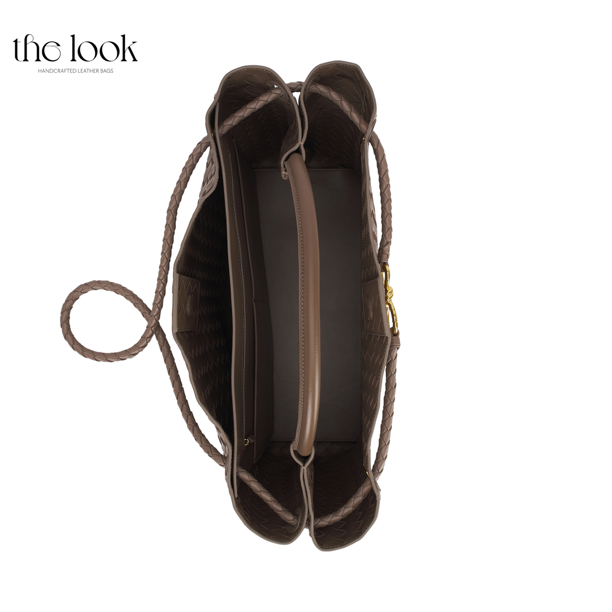 Top view of The Loop Jumbo Satchel in Pinecone showing the spacious interior and detachable bag divider with zipper pocket.