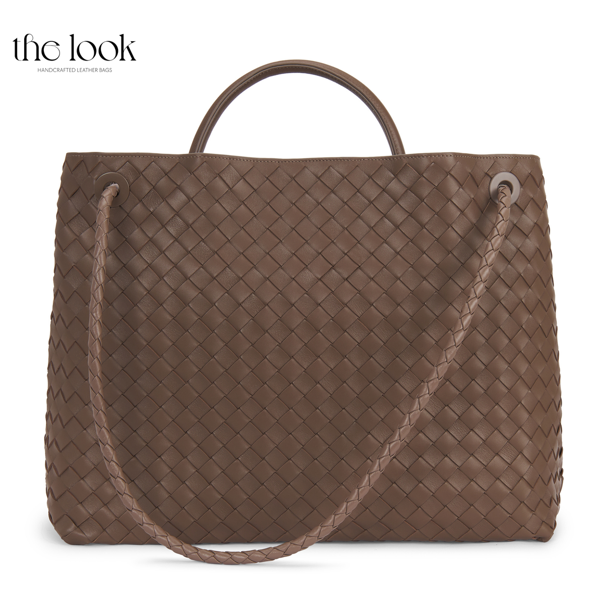 Back view of The Loop Jumbo Satchel in Pinecone woven lambskin leather with top handle and additional strap.