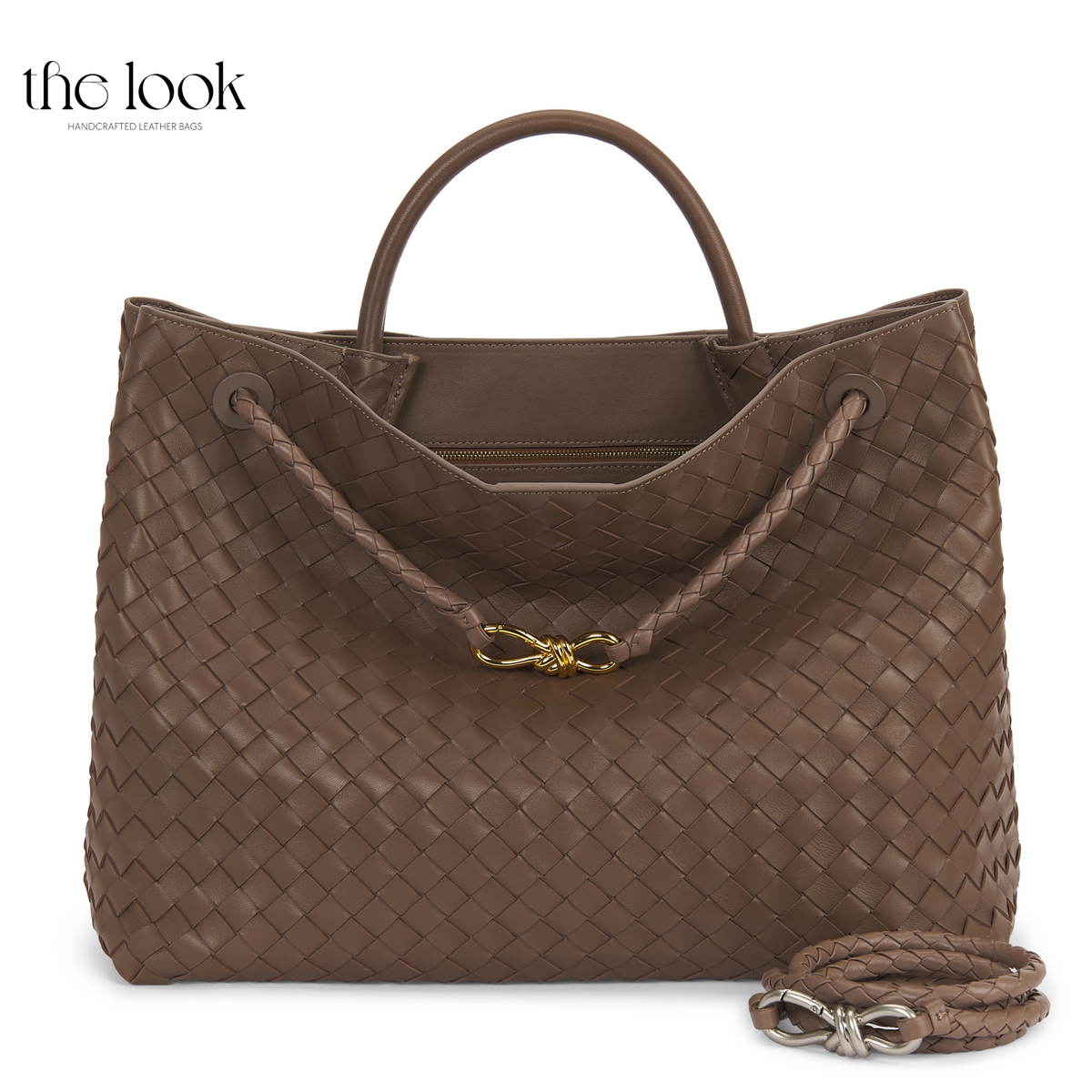 The Loop Jumbo Satchel in Pinecone with open top, woven lambskin exterior, top handle, divider and detachable strap.