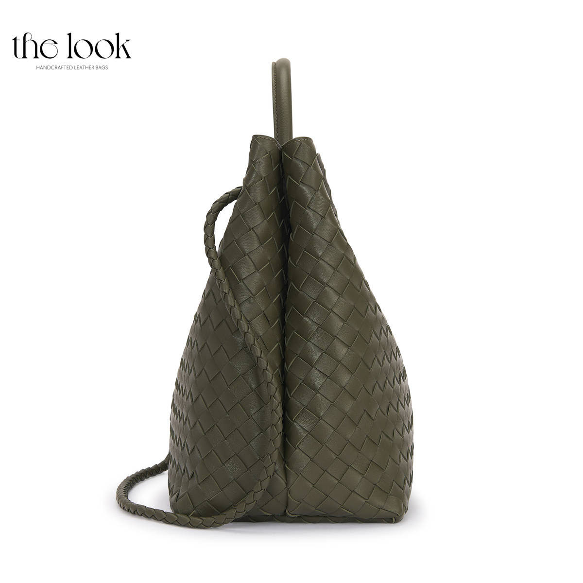Side view of The Loop Jumbo Satchel in Olive woven lambskin leather, showing its structured depth and additional strap.