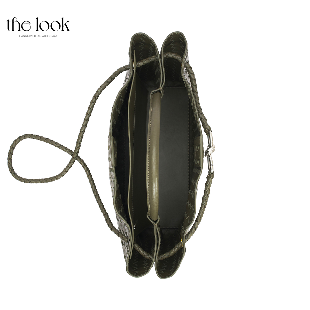 Top view of The Loop Jumbo Satchel in Olive showing the roomy interior and detachable bag divider with zipper pocket.