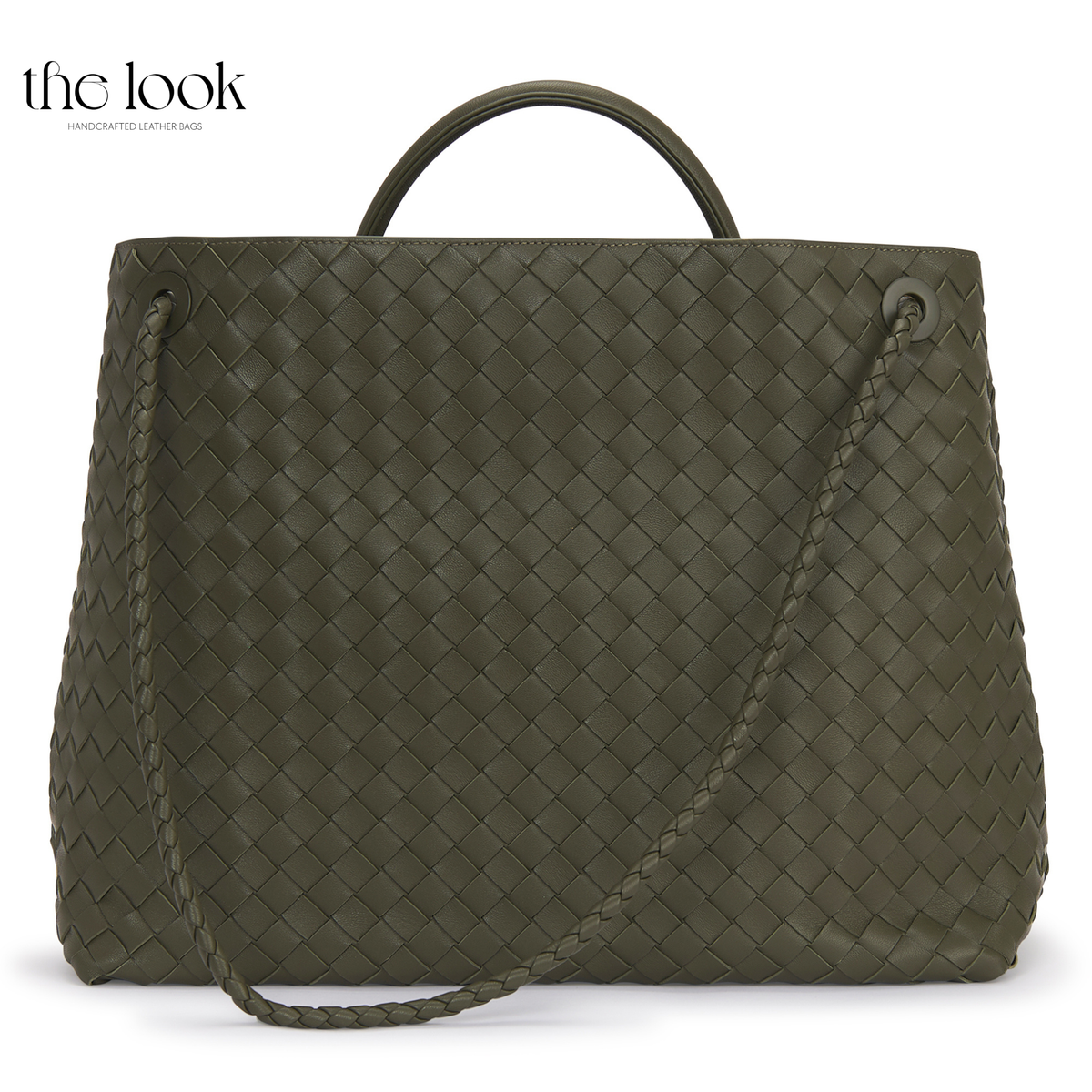 Back view of The Loop Jumbo Satchel in Olive woven lambskin leather with top handle and additional strap.