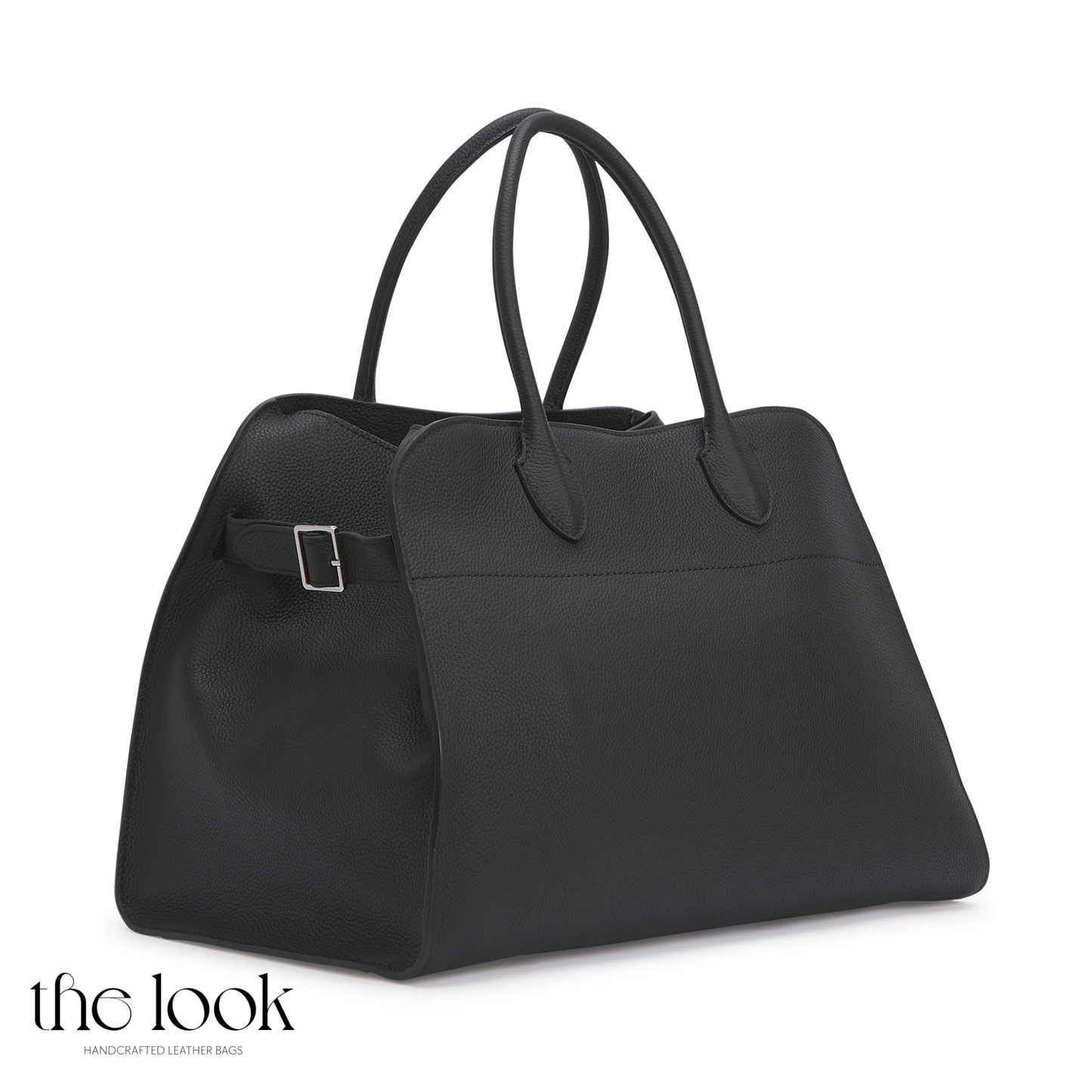 Black handbag with a buckle on a white background, featuring 'the look' brand. | The Look Officiel