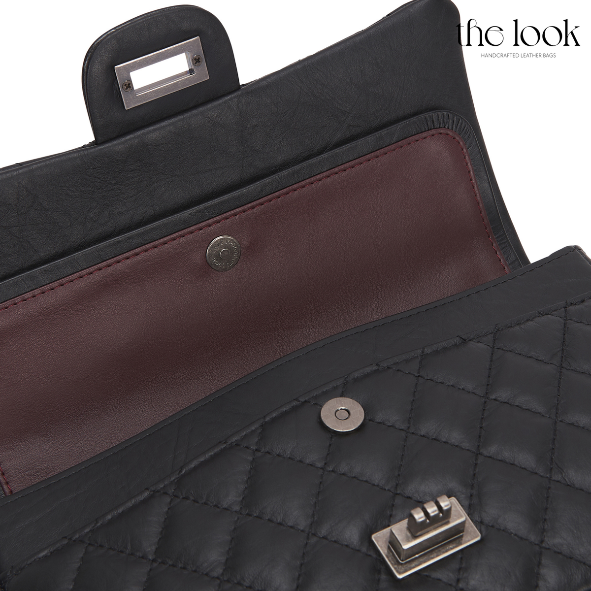 The Quilte Small Distressed Convertible Shoulder Bag open, showing double-flap leather interior and gunmetal hardware | The Look Officiel