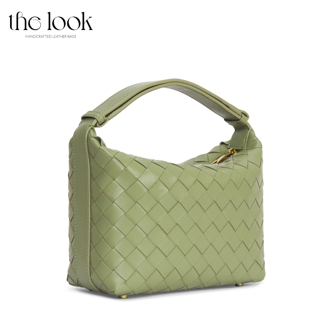 Loop Mini convertible shoulder bag travertine lambskin woven knotted strap gold-tone hardware angled view