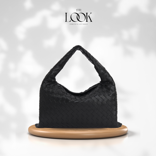 Loop Midi shoulder bag  black lambskin handwoven wide-strip leather front view
