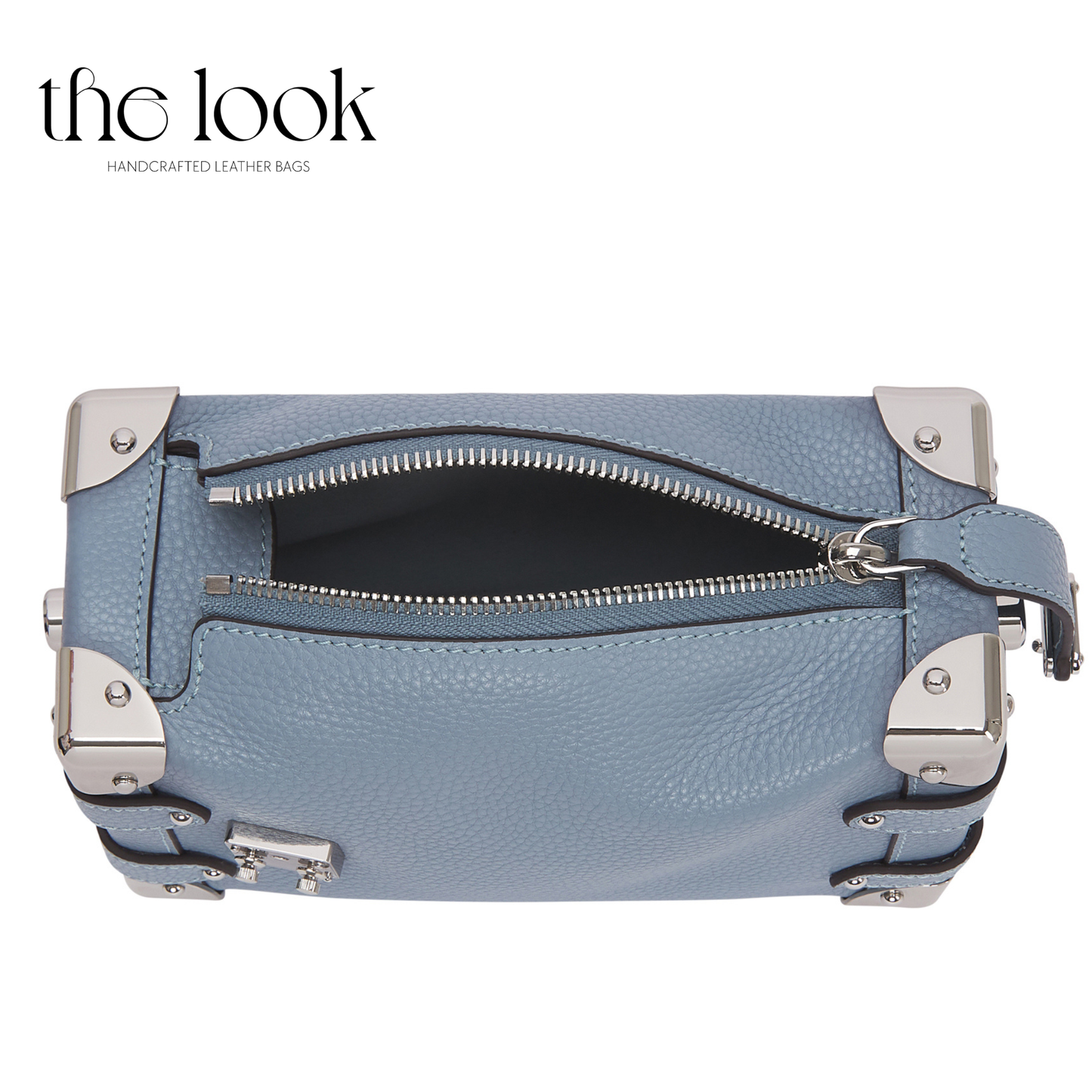Light blue leather bag with silver hardware on a white background, branded 'the look'. | The Look Officiel