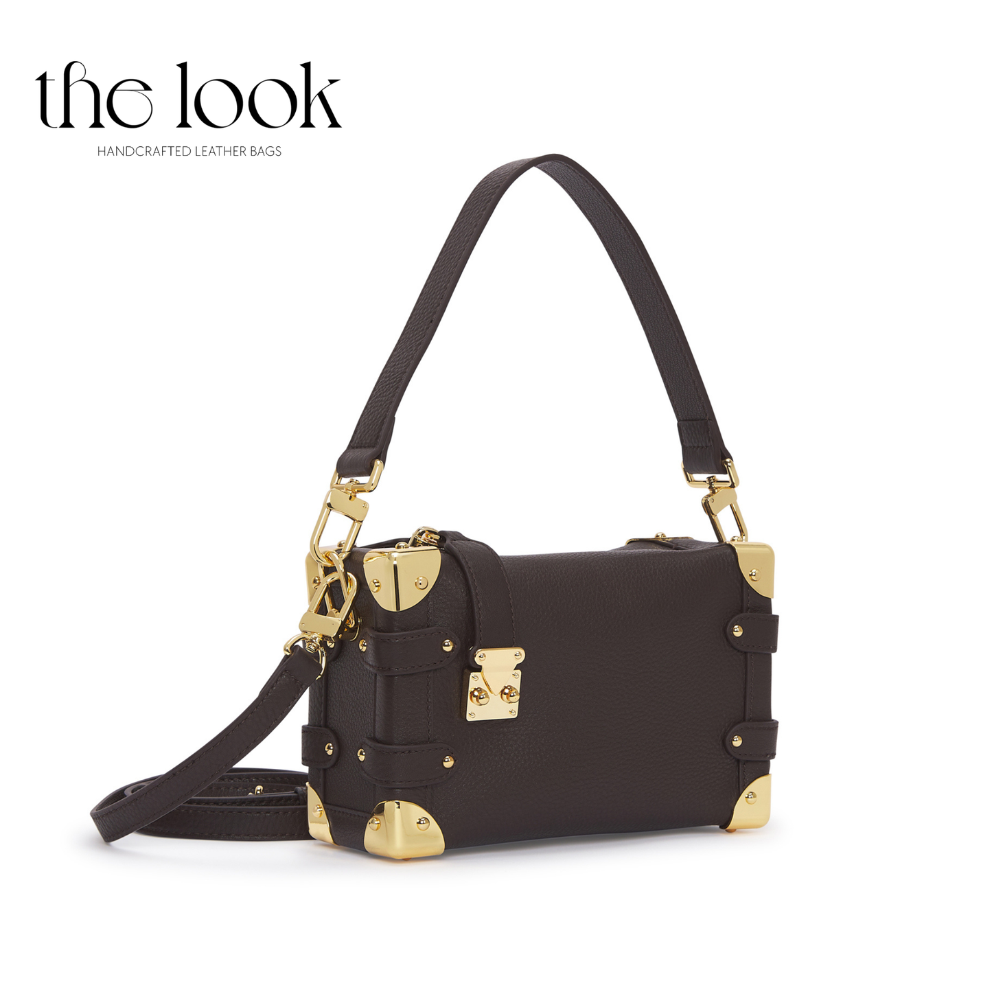 Black leather handbag with gold accents on a white background, branded 'the look'. | The Look Officiel