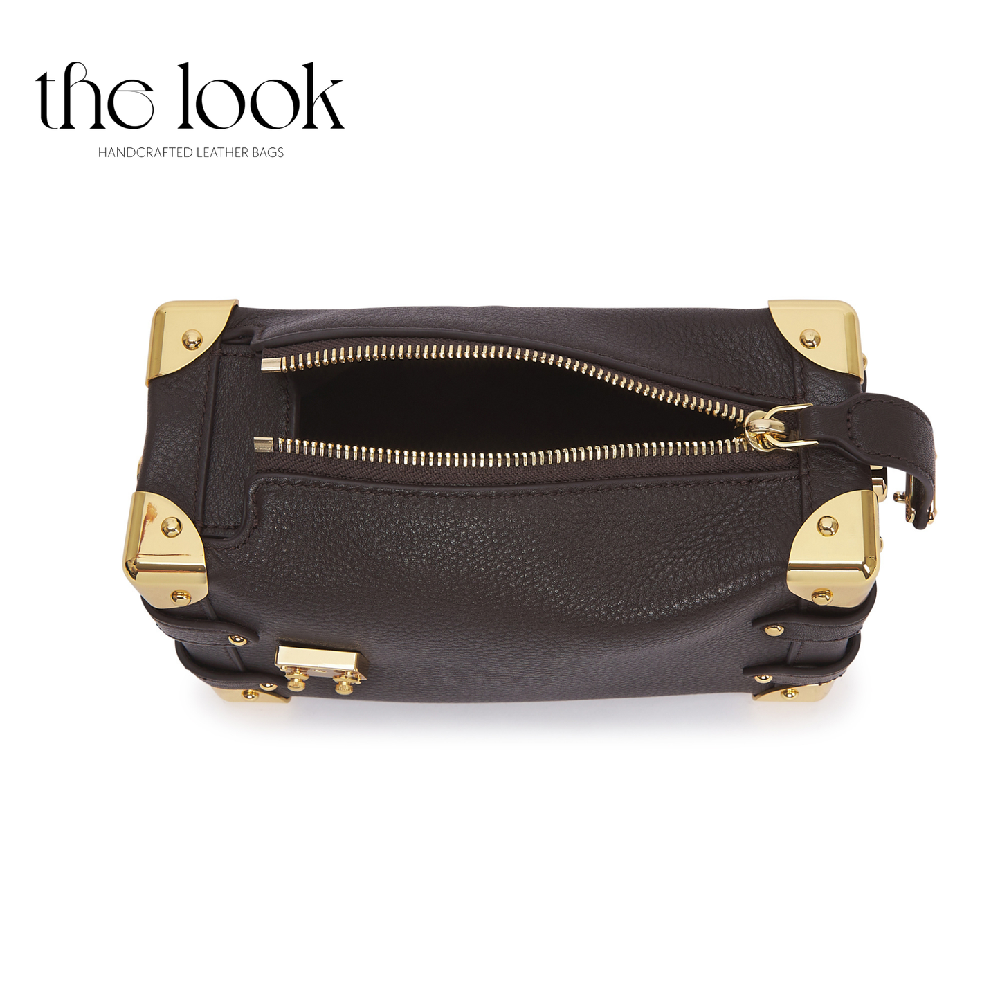 Black leather handbag with gold accents on a white background, featuring 'the look' brand. | The Look Officiel