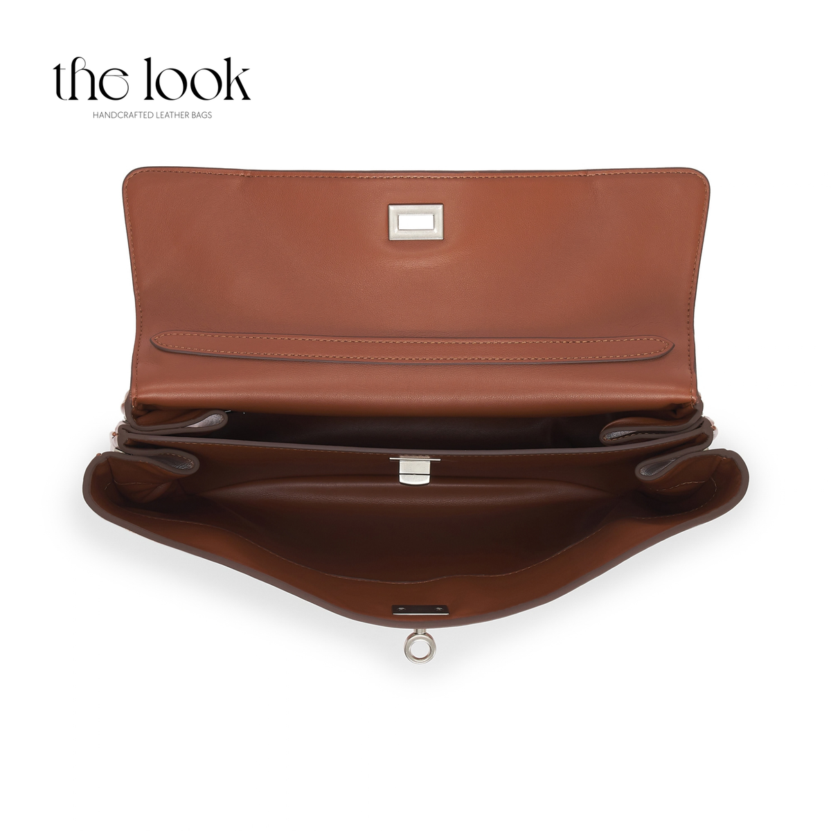 Valen Large Satchel in Caramel, open top view showing interior and compartments | The Look Officiel