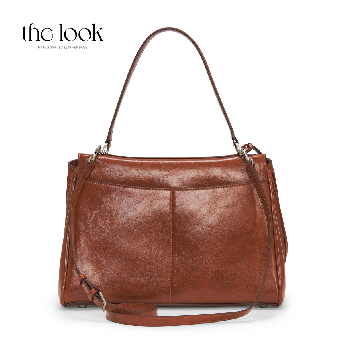 Valen Large Satchel in Caramel, back view with top handle and adjustable shoulder strap | The Look Officiel