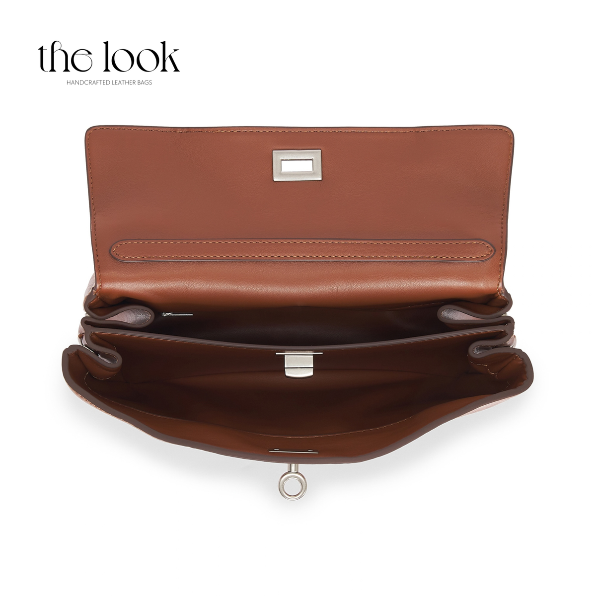 Valen Medium Satchel in Caramel, open top view showing interior and compartments | The Look Officiel