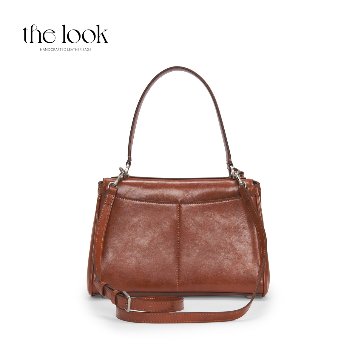 Valen Medium Satchel in Caramel, back view with top handle and adjustable shoulder strap | The Look Officiel