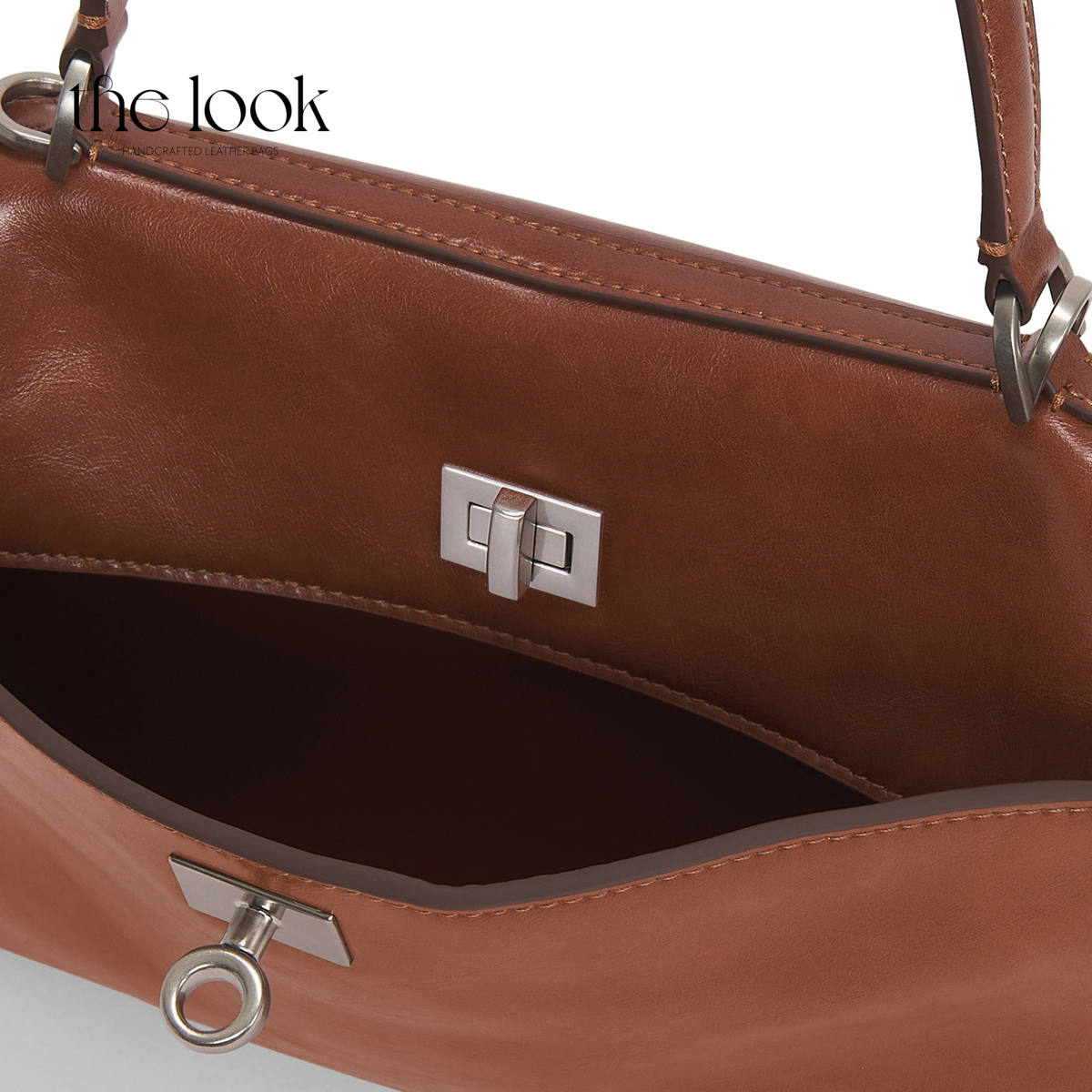 Valen Medium Satchel in Caramel, front view with top handle, shoulder strap and silver-tone hardware | The Look Officiel