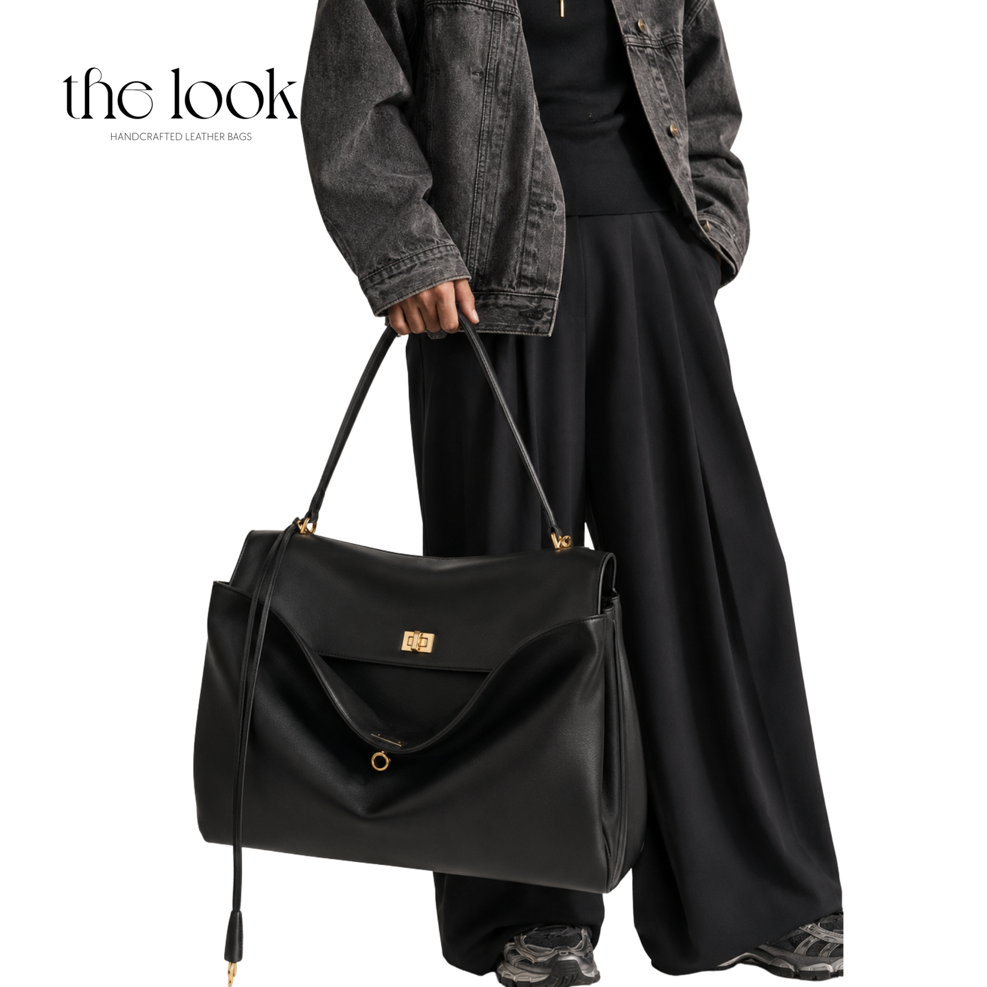 A person wearing a dark denim jacket, black top, and wide-leg black pants holds a large black leather tote bag with gold-tone hardware. The brand name 'the look' is visible in the top left corner against a plain white background.