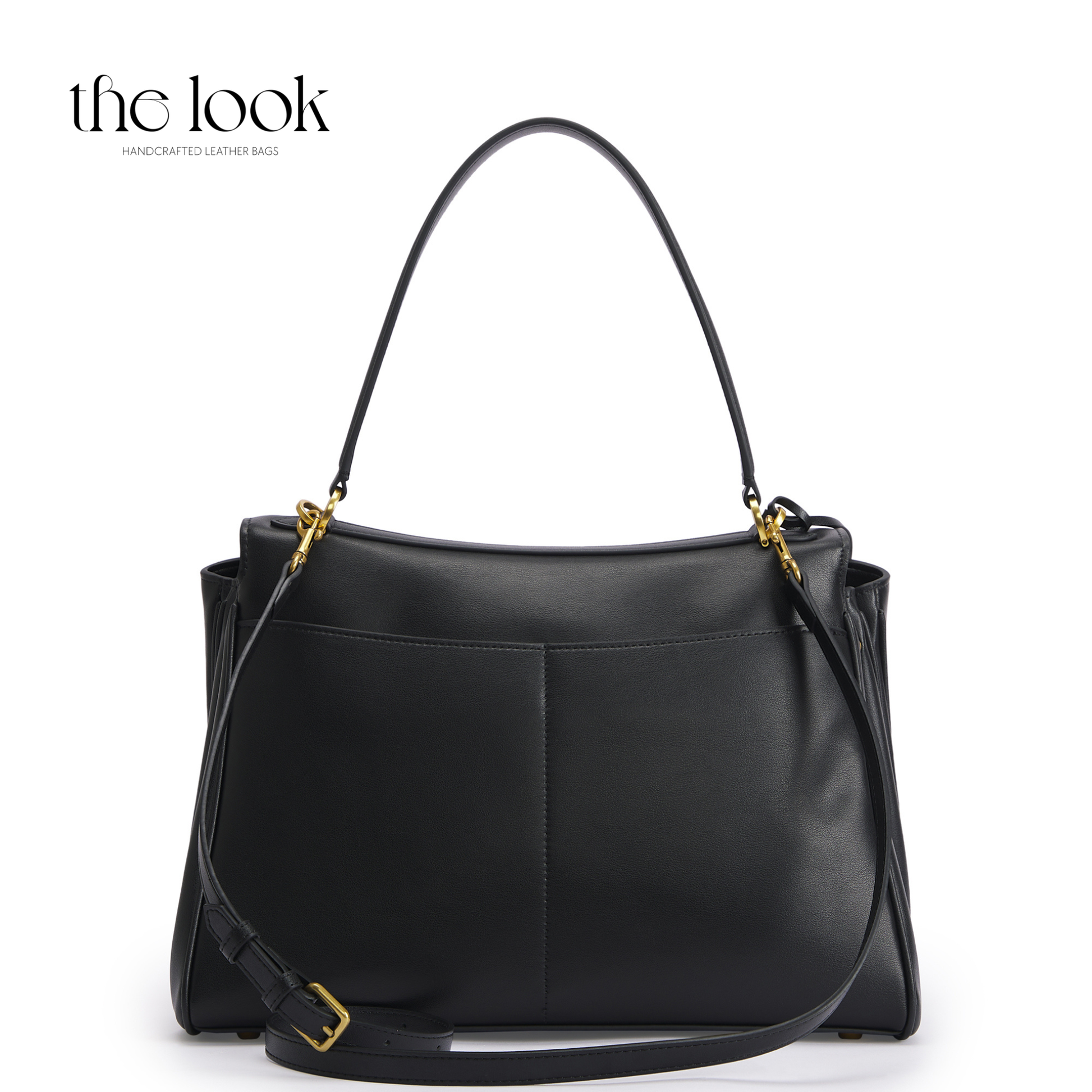Black handbag with gold accents on a white background, featuring 'the look' branding.