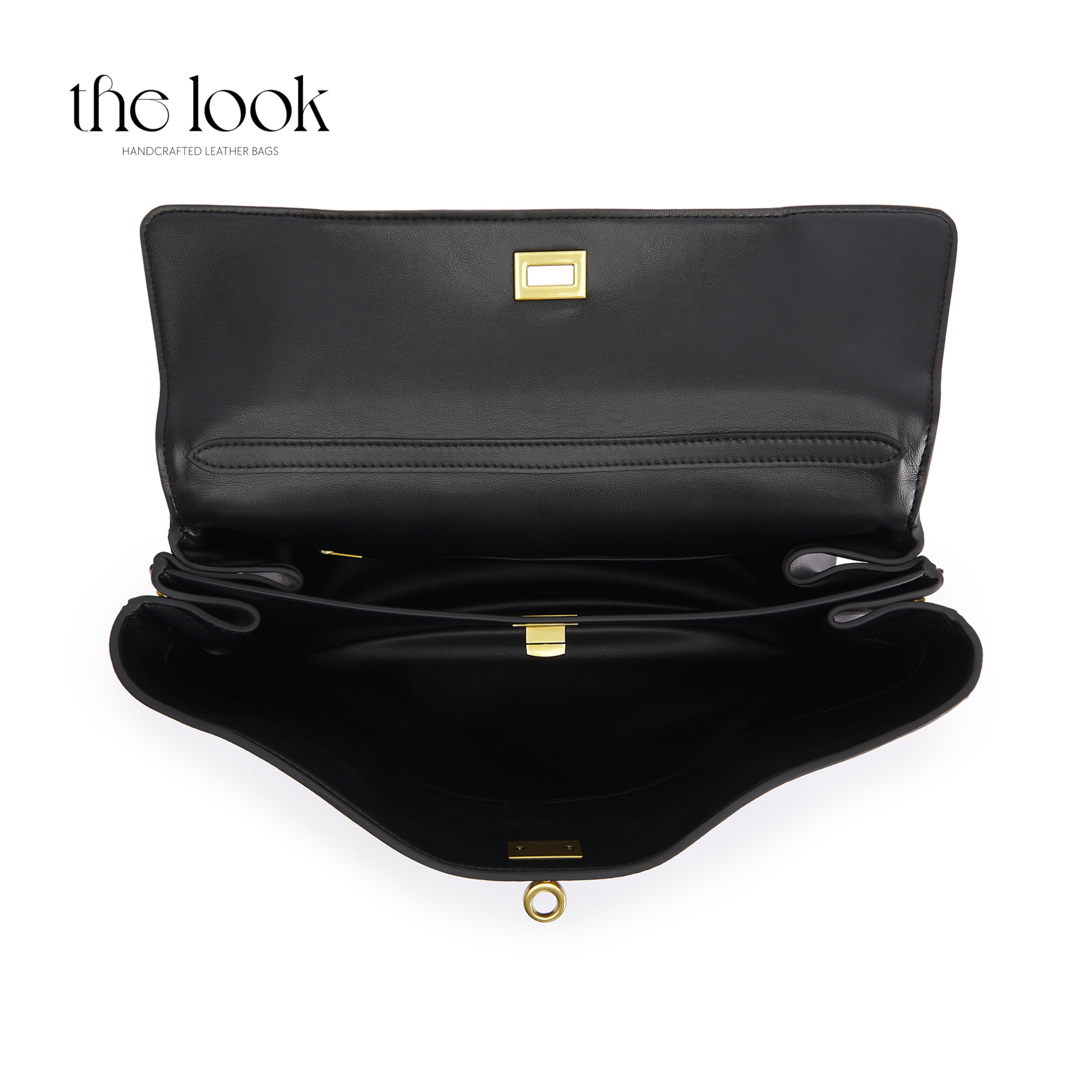 Black handbag with gold hardware on a white background, featuring 'the look' branding.