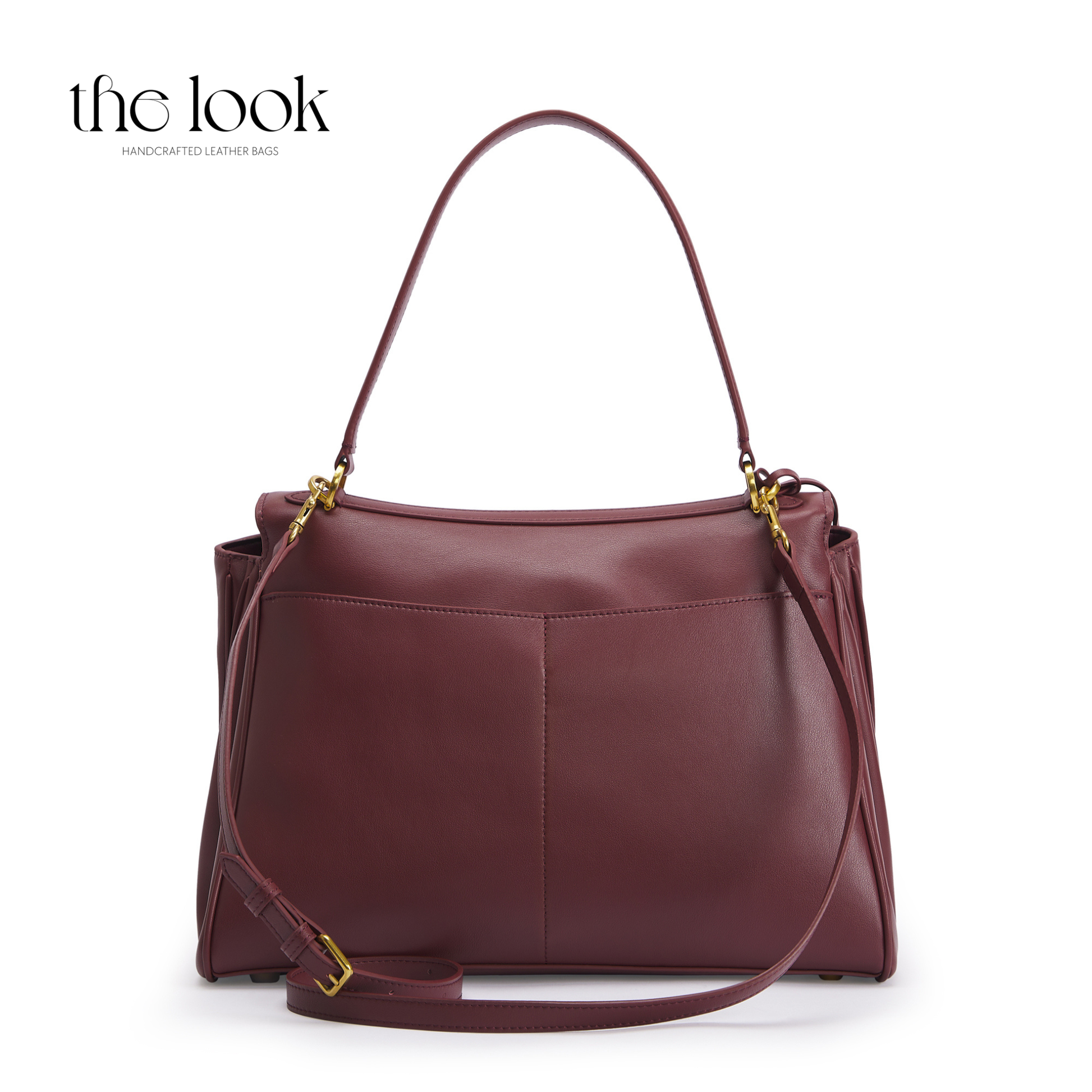 Maroon handbag with gold accents on a white background