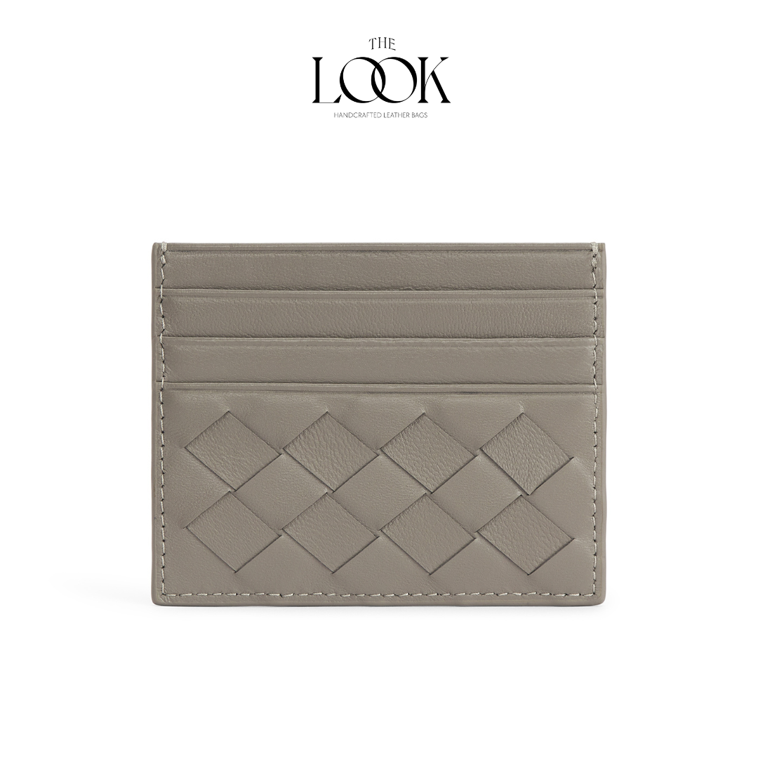 Loop card holder acorn lambskin embossed woven pattern frontview three card slots