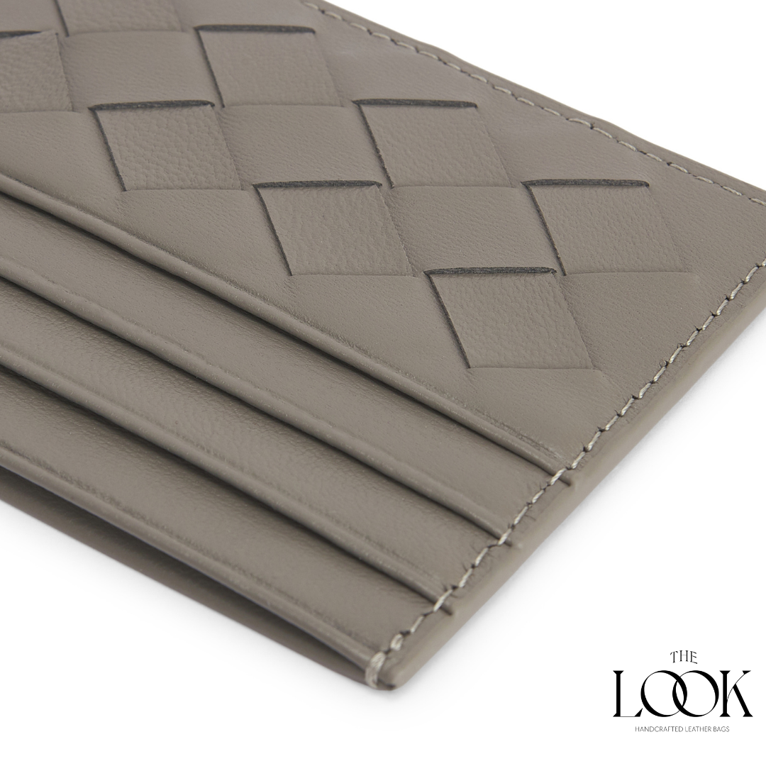 Loop card holder acorn lambskin embossed woven pattern detailed view three card slots