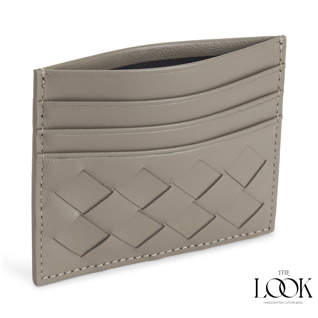 Loop card holder acorn lambskin embossed woven pattern angled view three card slots