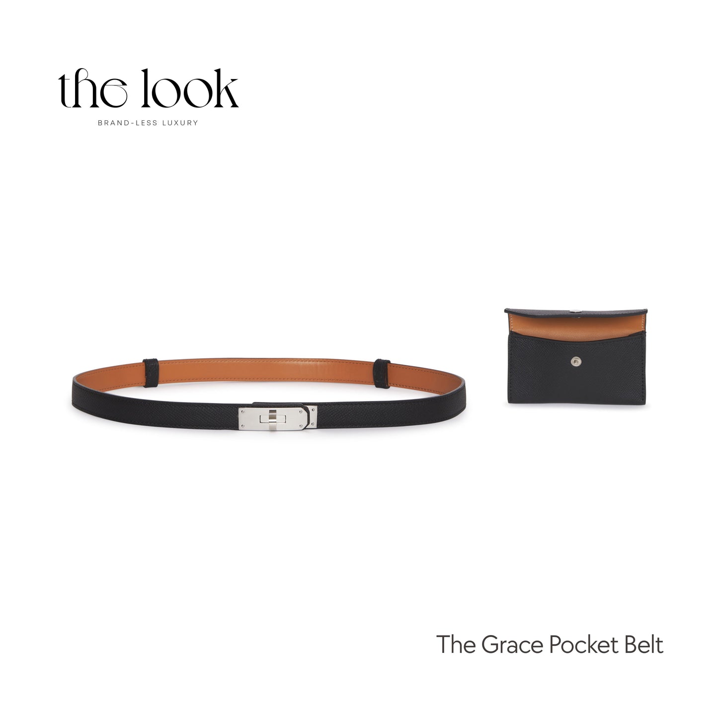 Flat lay of black leather Grace Pocket Belt with silver buckle and separate pouch – structured leather belt for stylish Filipinas