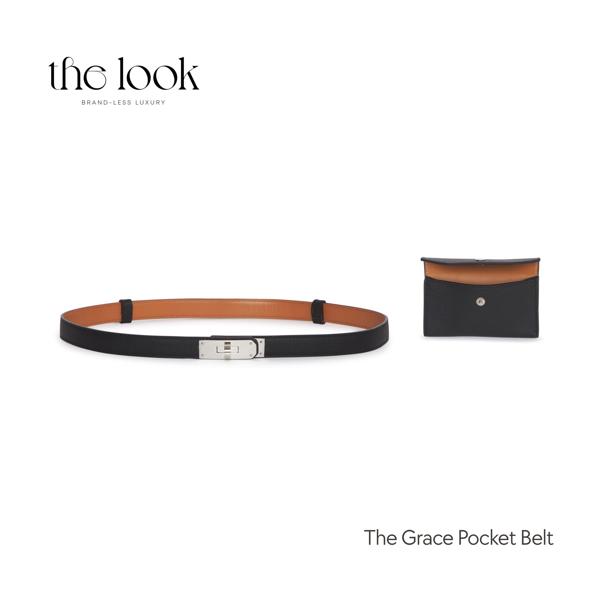 Flat lay of black leather Grace Pocket Belt with silver buckle and separate pouch – structured leather belt for stylish Filipinas