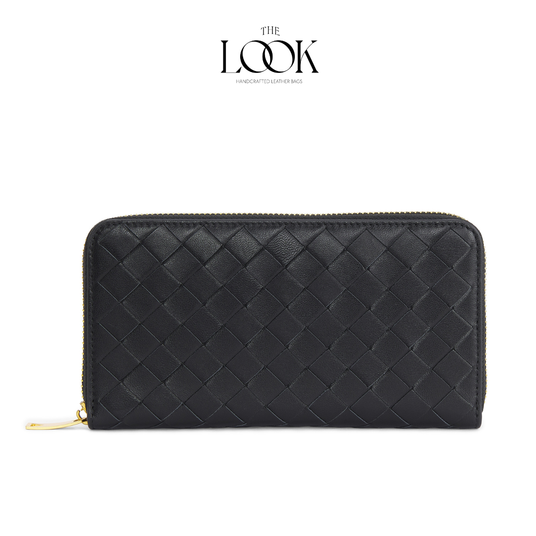 Black lambskin zip-around long wallet with woven pattern and gold-tone hardware front view