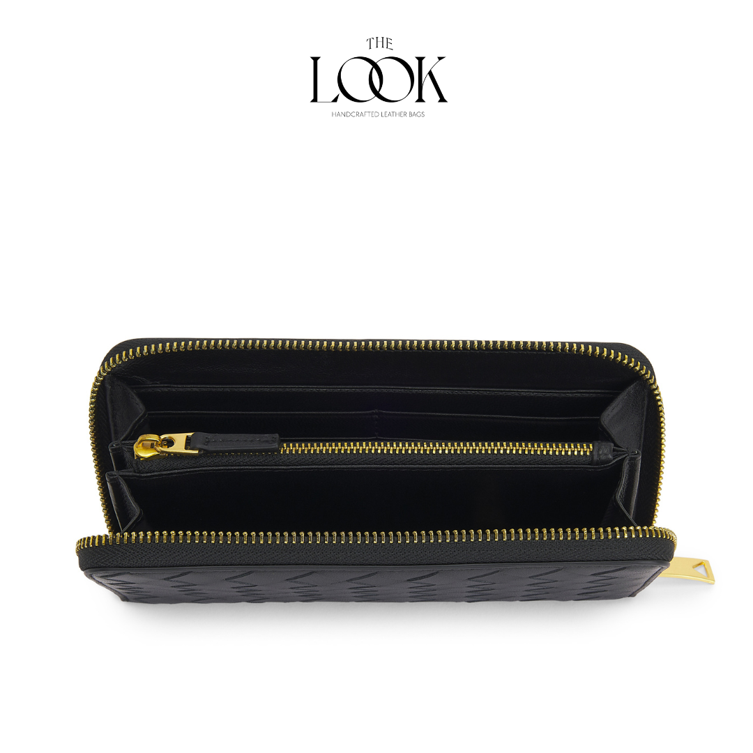 Black lambskin zip-around long wallet with woven pattern and gold-tone hardware internal view 