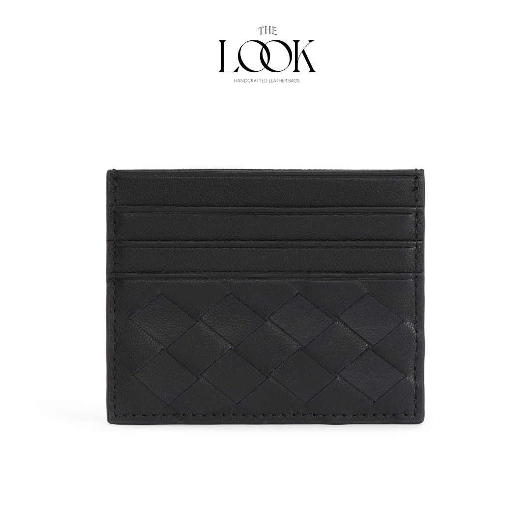 Loop card holder black lambskin embossed woven pattern front view three card slots