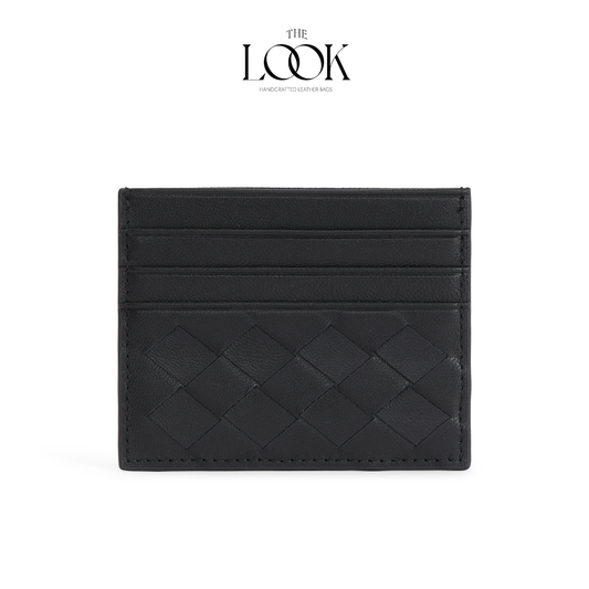 Loop card holder black lambskin embossed woven pattern front view three card slots