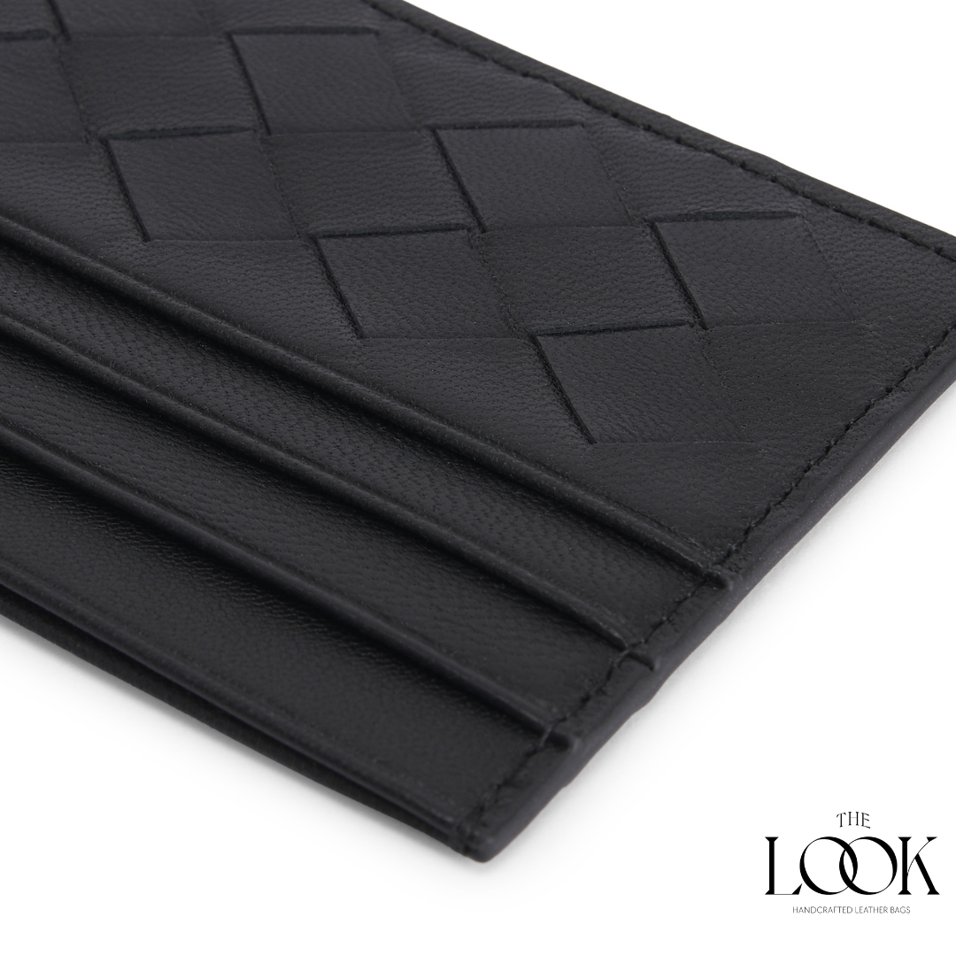 Loop card holder black lambskin embossed woven pattern detailed view three card slots
