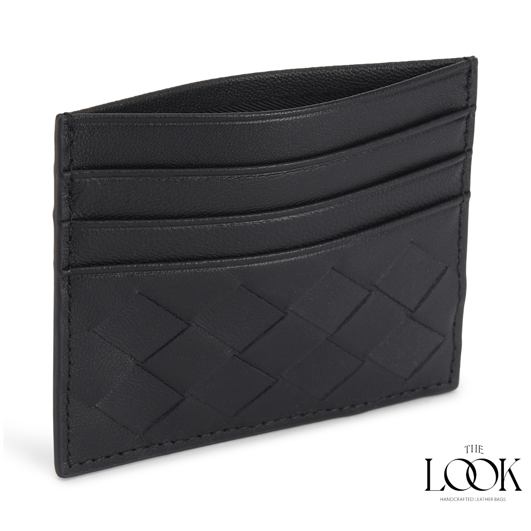Loop card holder black lambskin embossed woven pattern angled view three card slots