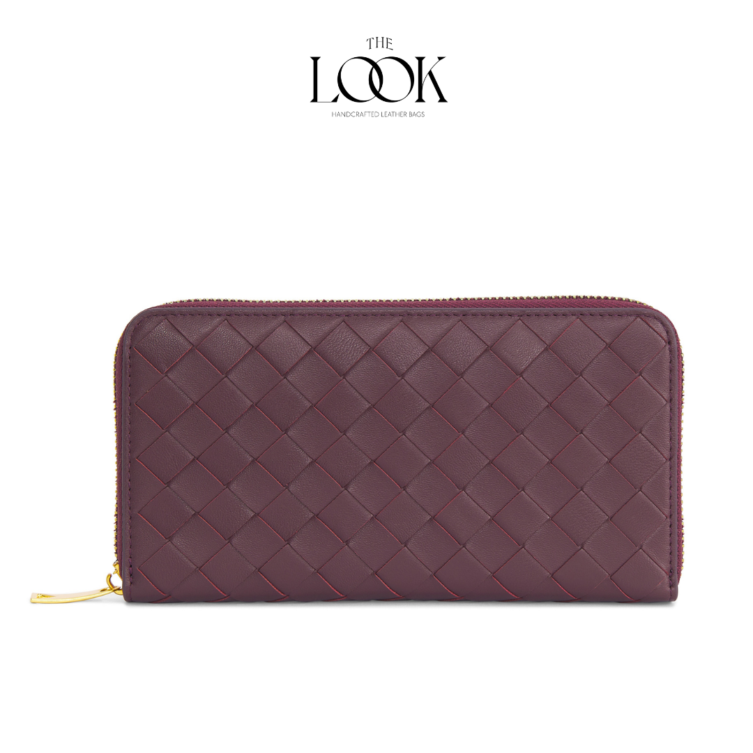 Burgundy lambskin zip-around long wallet with woven pattern and gold-tone hardware front view