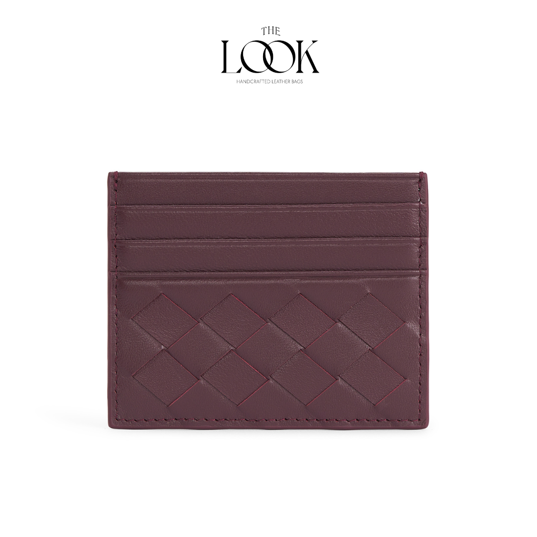 Loop card holder burgundy lambskin embossed woven pattern front view three card slots