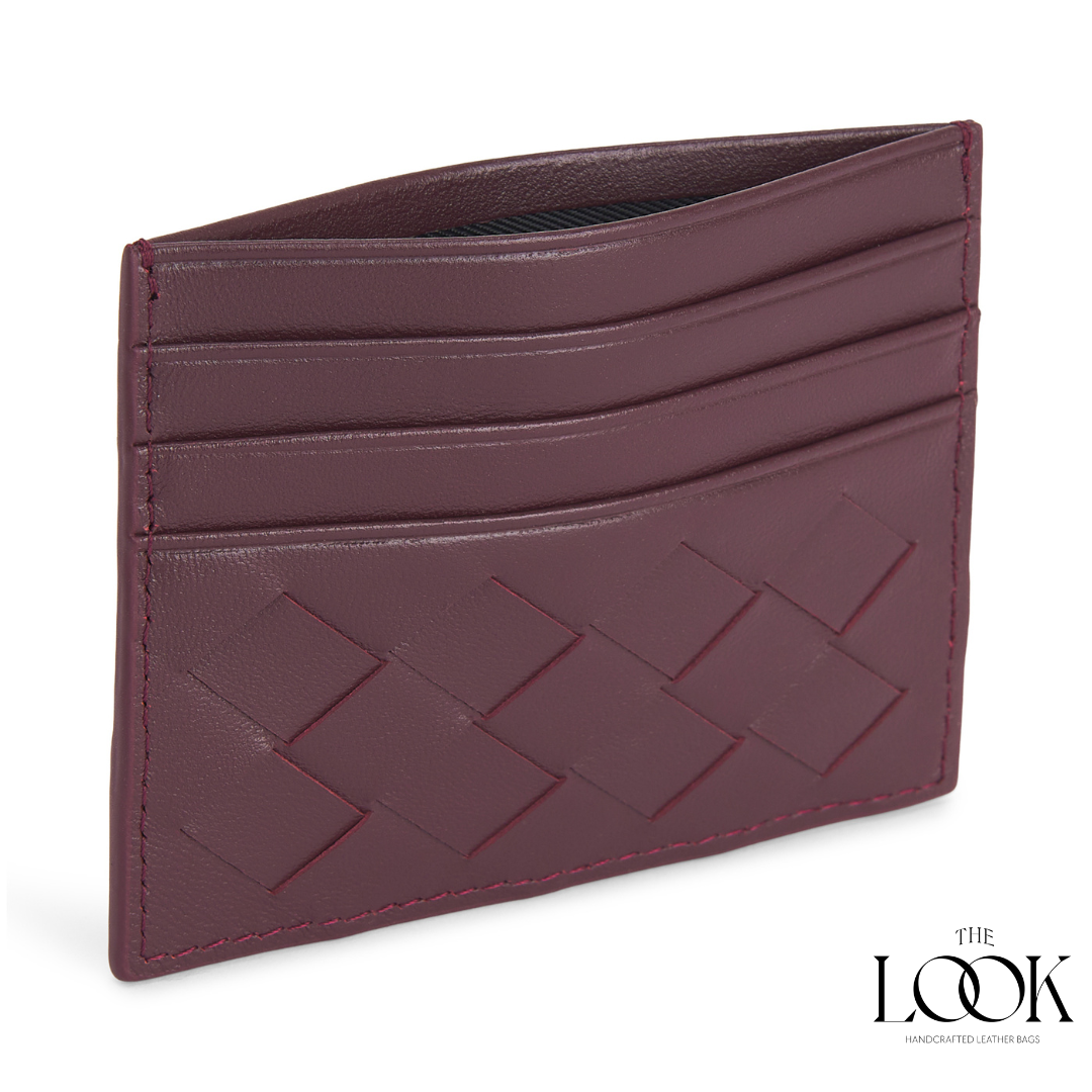 Loop card holder burgundy lambskin embossed woven pattern angled view three card slots