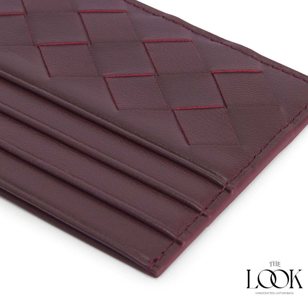 Loop card holder burgundy lambskin embossed woven pattern detailed view three card slots