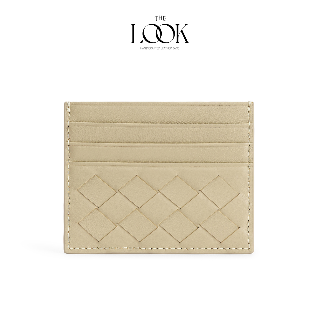 Loop card holder cream lambskin embossed woven pattern front view three card slots