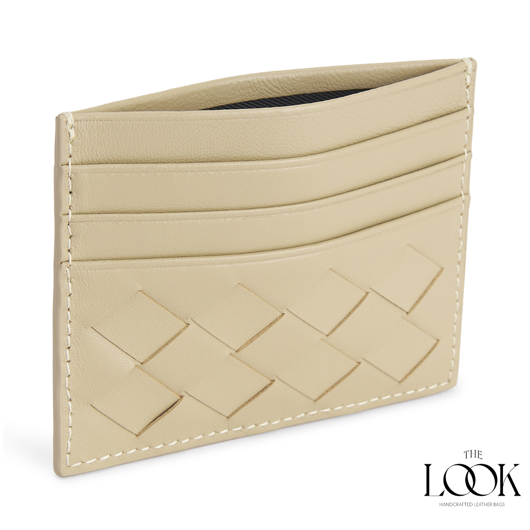 Loop card holder cream lambskin embossed woven pattern angled view three card slots