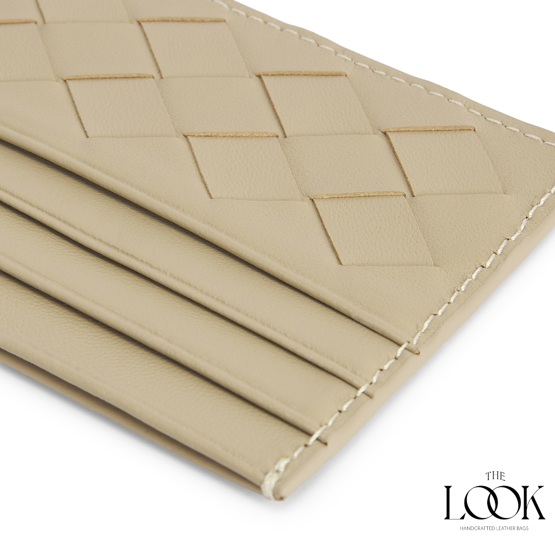 Loop card holder cream lambskin embossed woven pattern detailed view three card slots