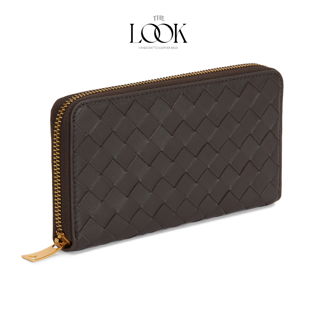 Fondant lambskin zip-around long wallet with woven pattern and gold-tone hardware angled view