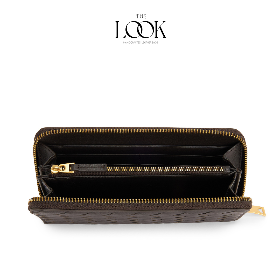 Fondant lambskin zip-around long wallet with woven pattern and gold-tone hardware internal view