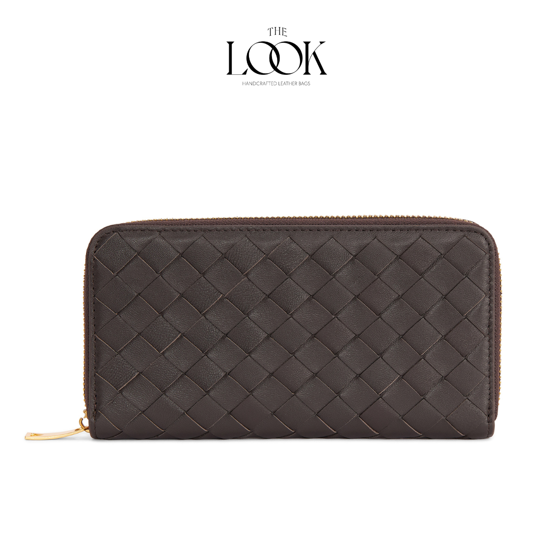 Fondant lambskin zip-around long wallet with woven pattern and gold-tone hardware front view