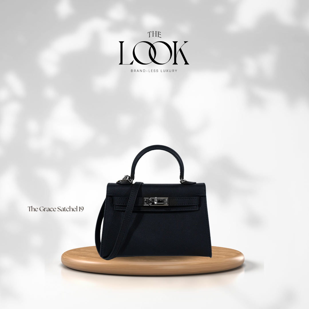 Black mini satchel in Epsom leather with silver hardware, front view, handcrafted in the Philippines.