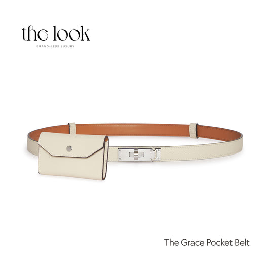 Cream leather belt with detachable pouch and silver turn-lock – Grace Pocket Belt for women in the Philippines.