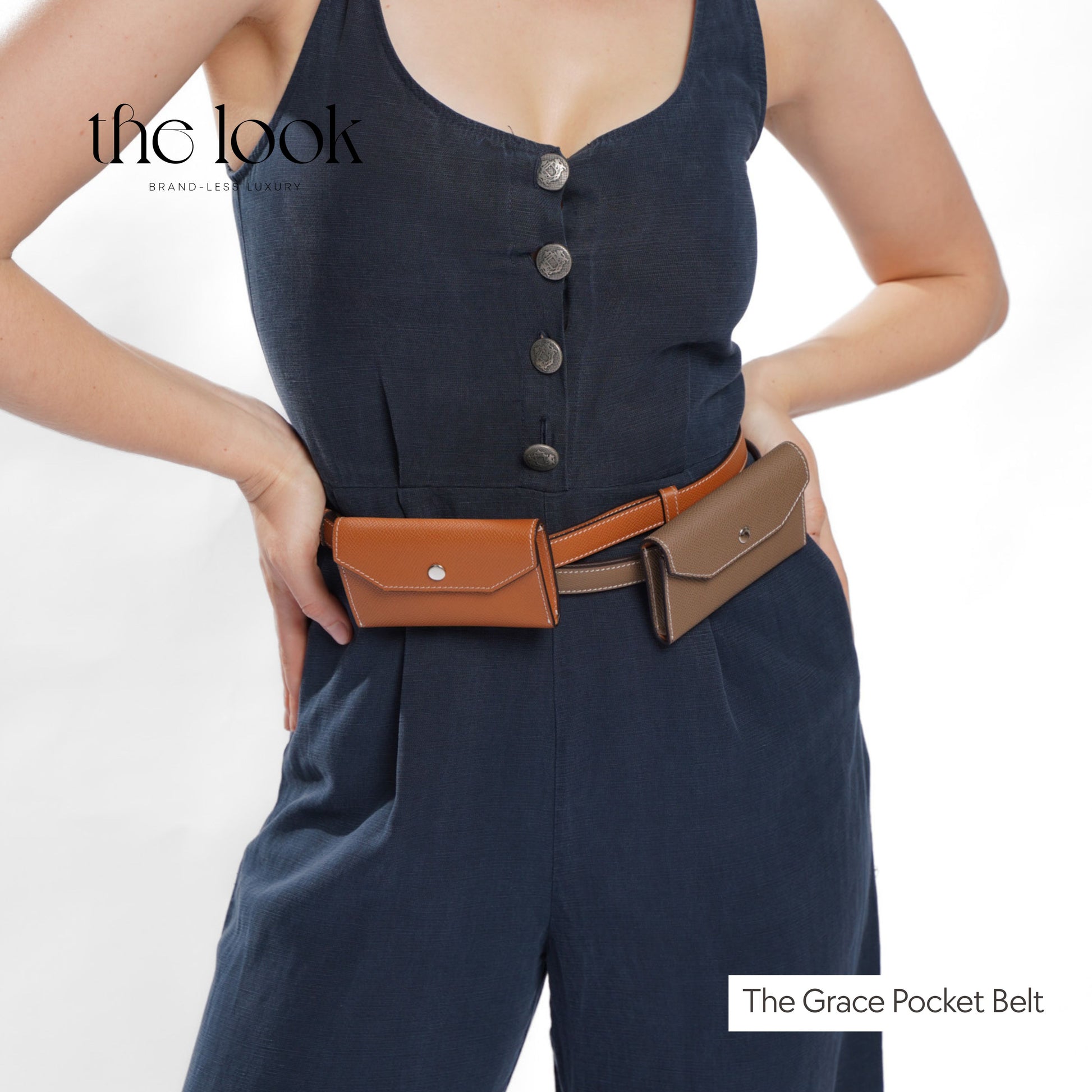 Model wearing The Grace Pocket Belt in tan and etoupe leather – versatile pouch belts styled for women in the Philippines